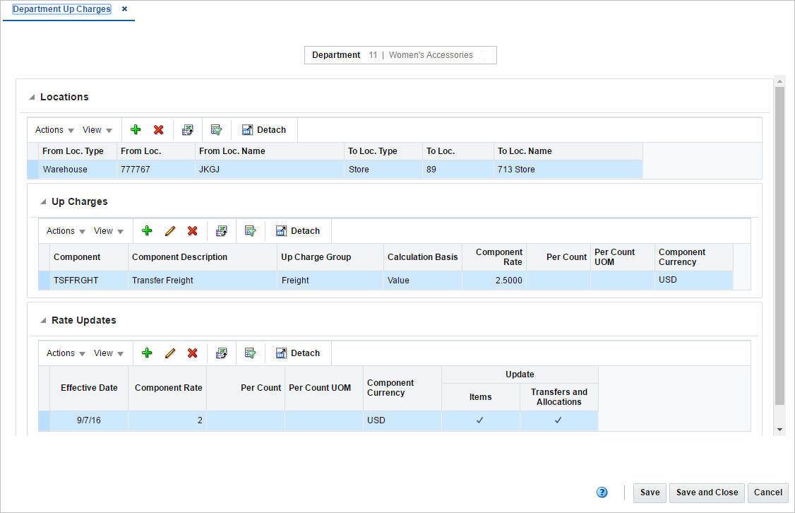 Department Up Charges window