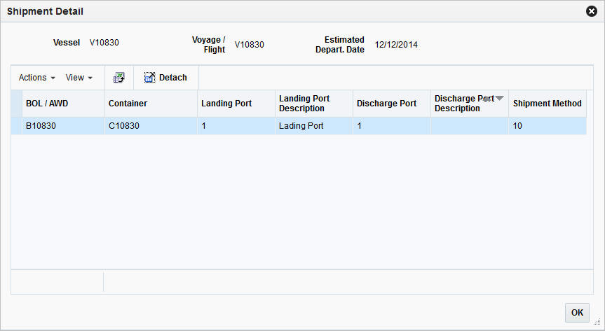 Shipment Detail window