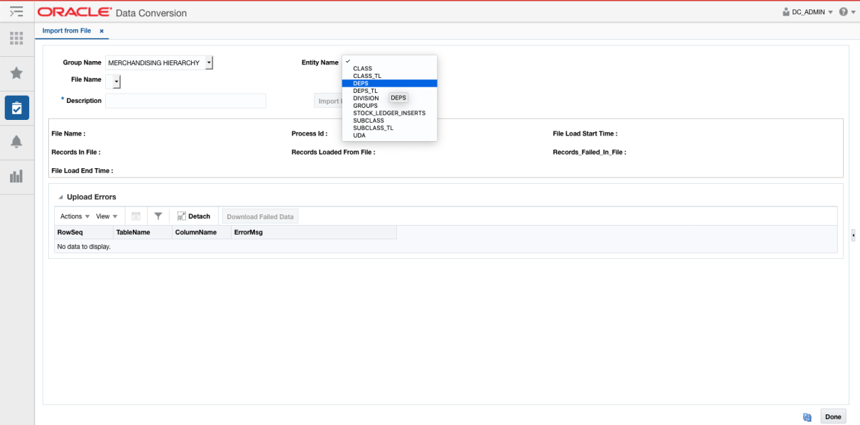 Menu for Selecting the Entity Group