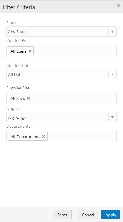 Recent Orders Filter Criteria Screen