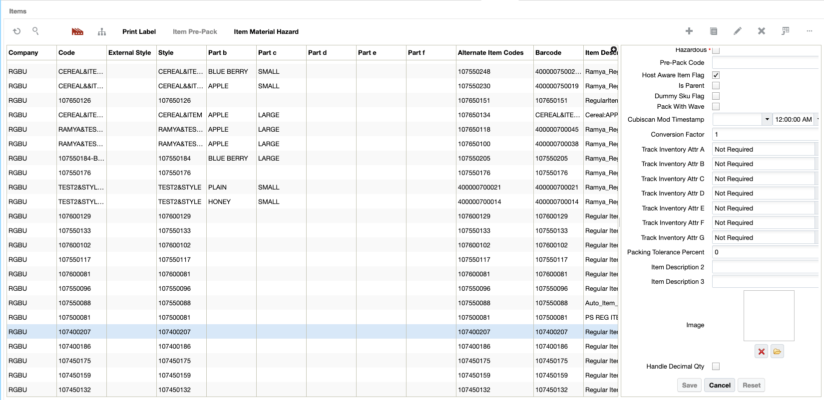 Items Screen with Handle Decimal Quantity Checkbox