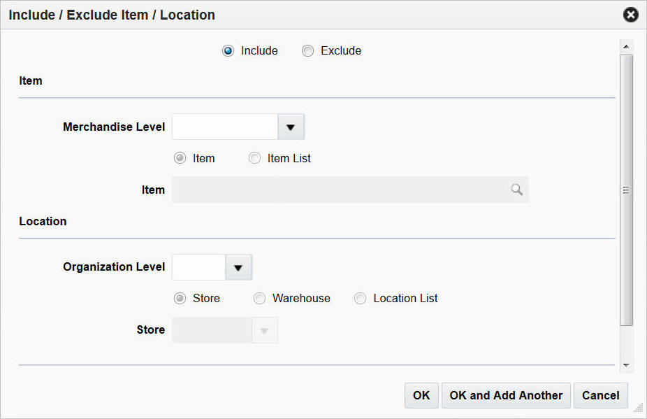 Include/Exclude Item/Location window