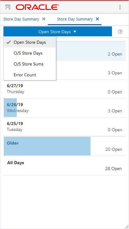 Store Day Summary Options List