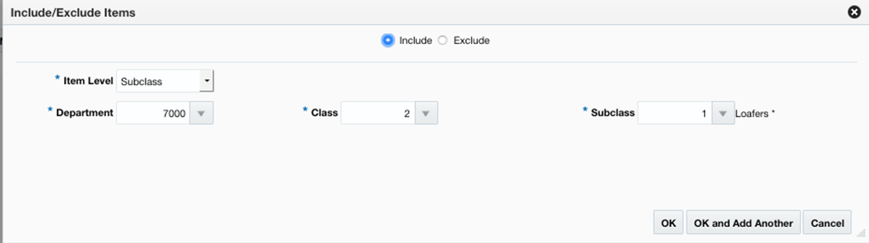 Include/Exclude Items Pop-up