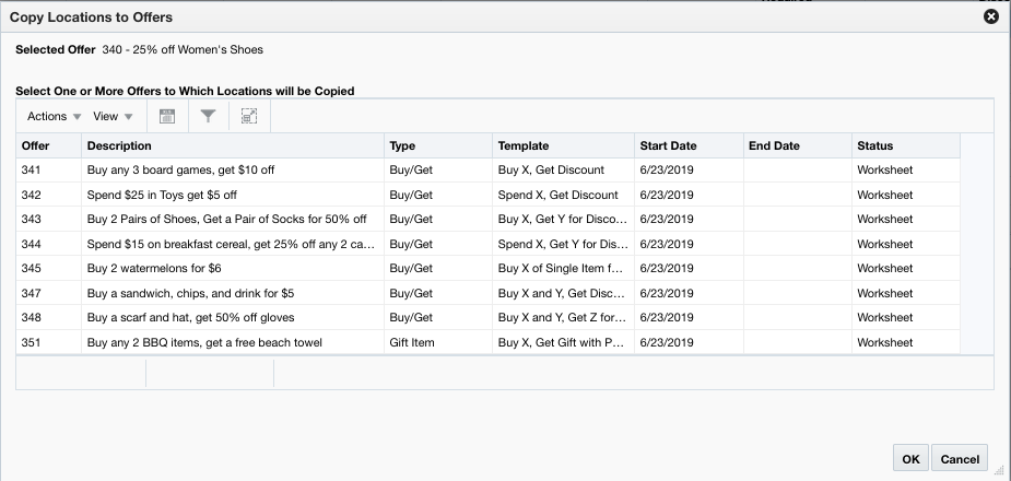 Copy Locations to Offers dialog