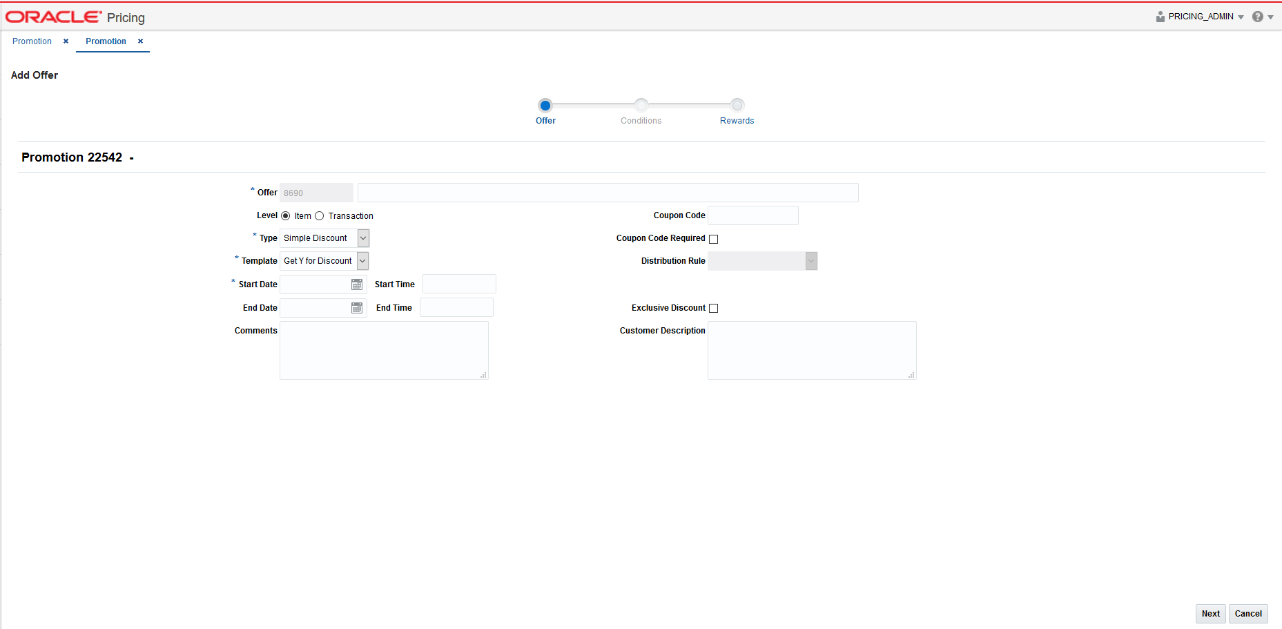 add item offer screen