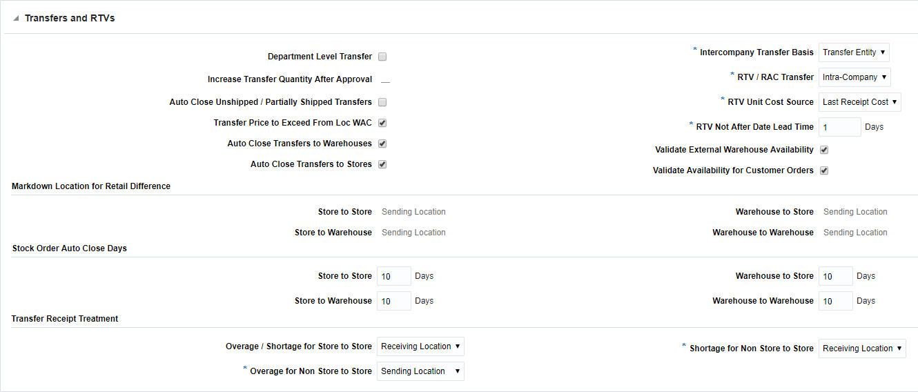 Transfers and RTVs section