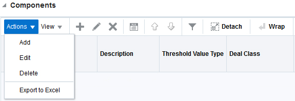 Actions Menu and Icons of Components Section