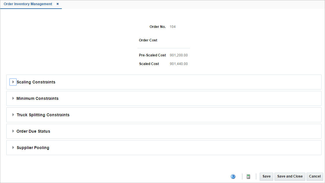 Order Inventory Management window