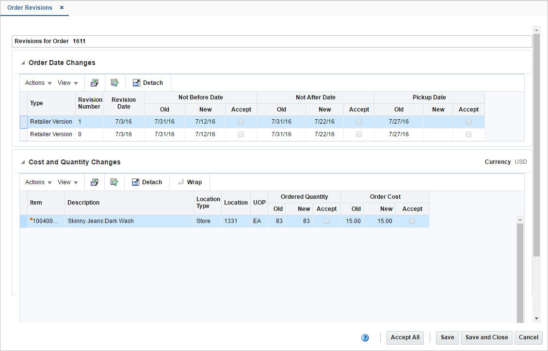 Order Revisions window