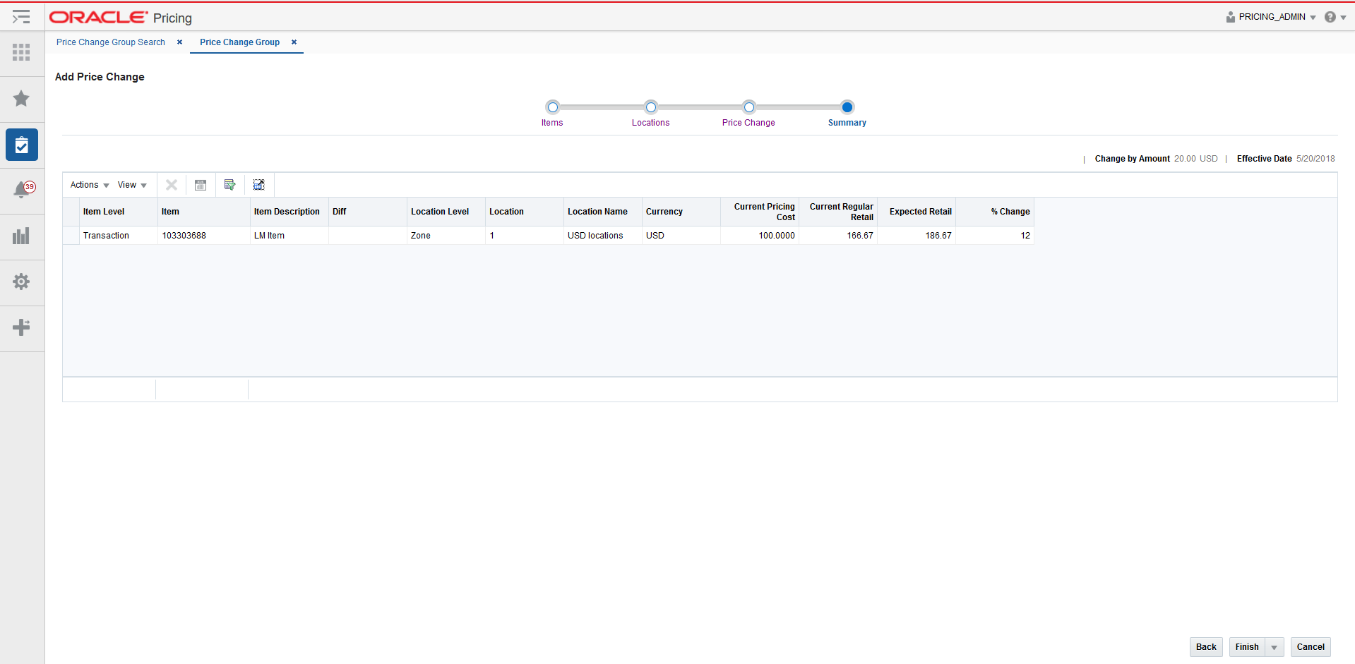 Add Price Change Summary page