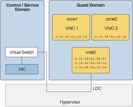 image:Shows how two zones can each be served by a virtual NIC as described in the text.