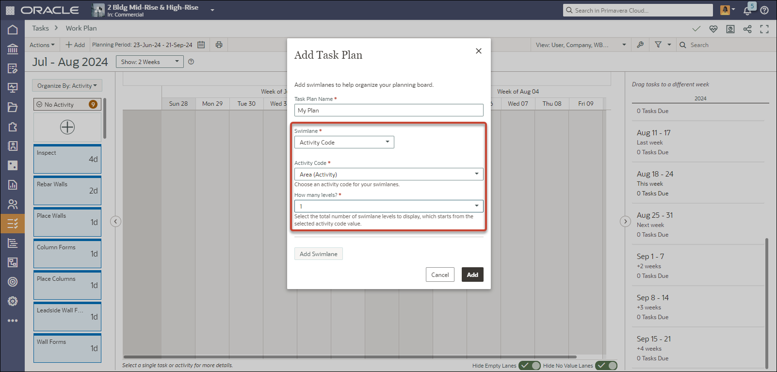 Work Plan Swimlanes by Activity Codes