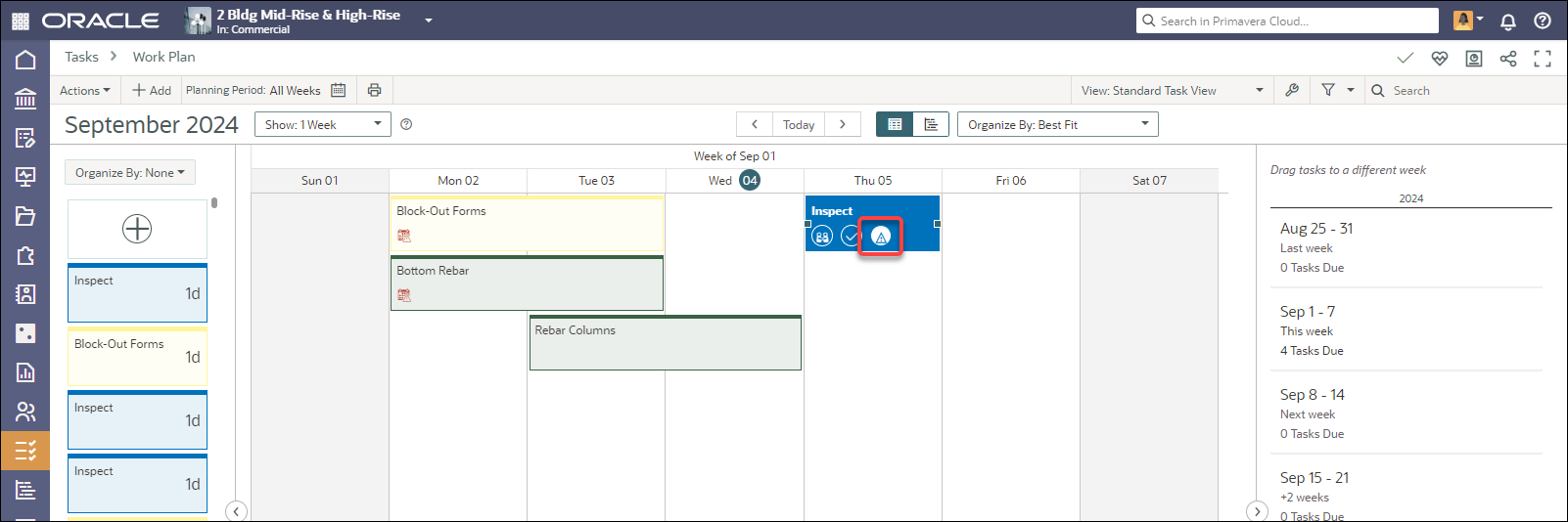 Tasks on the Work Plan page display an icon for constraints.