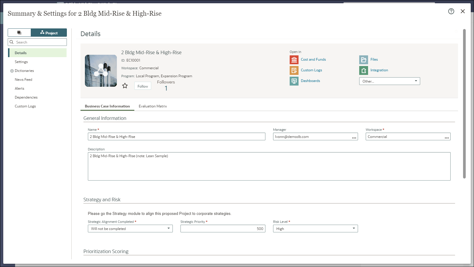 A form used for the project details in Summary and Settings.