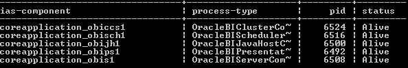 This image is a screenshot of the output of opmnctl status after installing the Primary OBIEE server, with the five service components set to the Alive state.