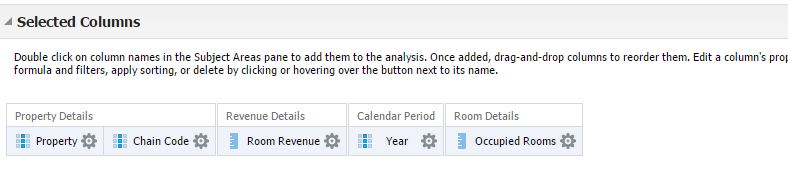 This screenshot shows the list of columns that were added for the Property Performance Report. The order in which you add the columns does not affect the data.