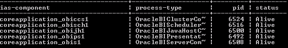 This image is a screenshot of the output of opmnctl status after installing the Primary OBIEE server, with the five service components set to the Alive state. This image is a screenshot of the output of opmnctl status after installing the Primary OBIEE server, with the five service components set to the Alive state.