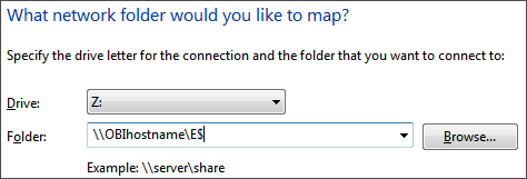 This image is a screenshot from the Map Network Drive dialog box mapping the E: drive on the OBI server to the Z: drive on the Reporting and Analytics server. This image is a screenshot from the Map Network Drive dialog box mapping the E: drive on the OBI server to the Z: drive on the Reporting and Analytics server.
