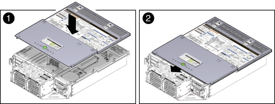 image:Figure showing how to install the top cover onto a server node.