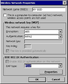 This figure shows the Wireless Network Properties for the Microsoft Windows CE Wireless WS5A for PEAP Authentication.