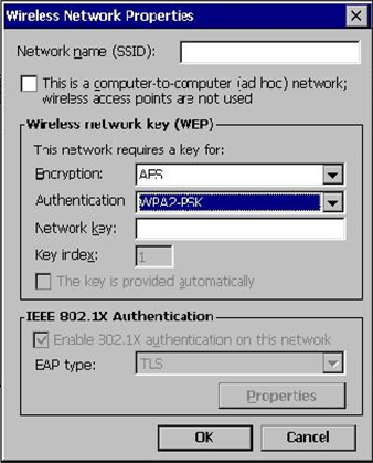 This figure shows the Wireless Network Properties for the Microsoft Windows CE Wireless WS5A.