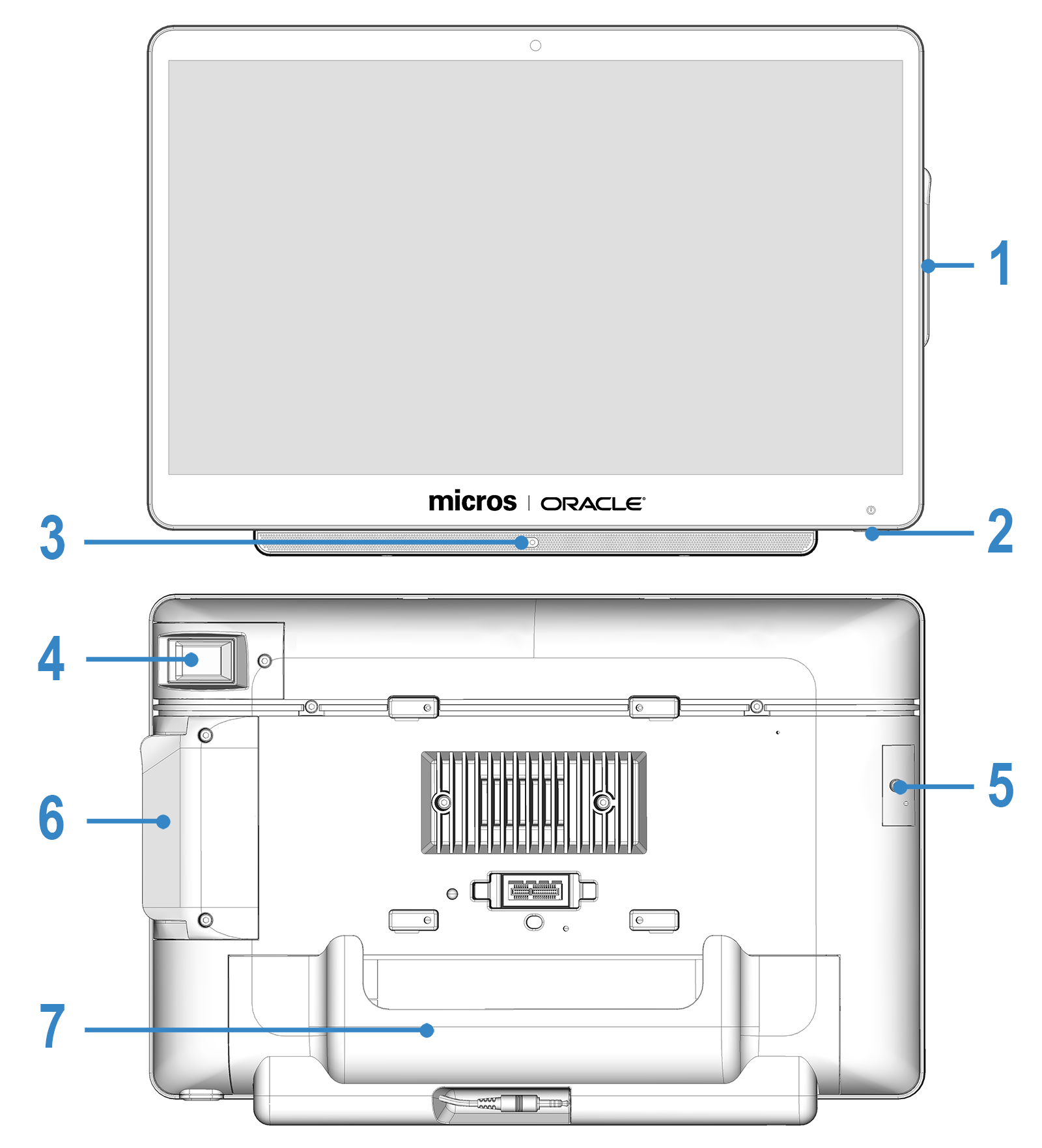This figure shows the basic features of the Oracle MICROS Workstation 625/655.