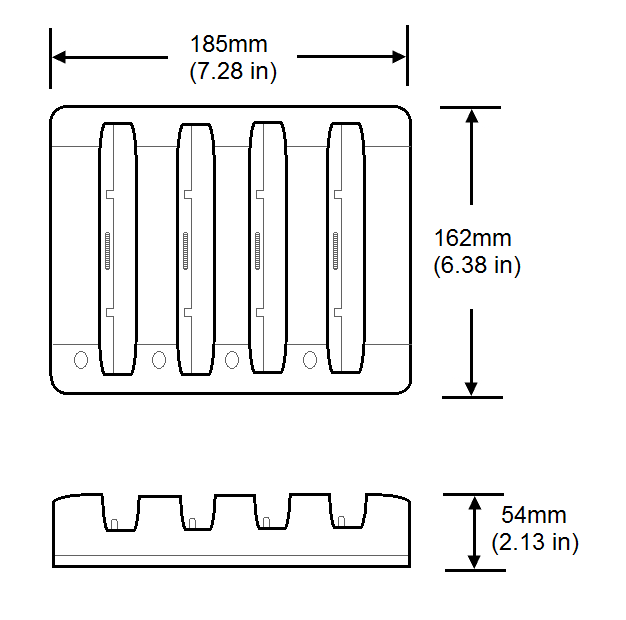 This figure shows the dimensions of the Oracle MICROS Tablet 700 Series 4-Bay Battery Charger.