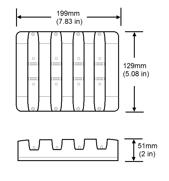 This figure shows the dimensions of the Oracle MICROS Tablet 700 Series 4-Bay Tablet Charger.