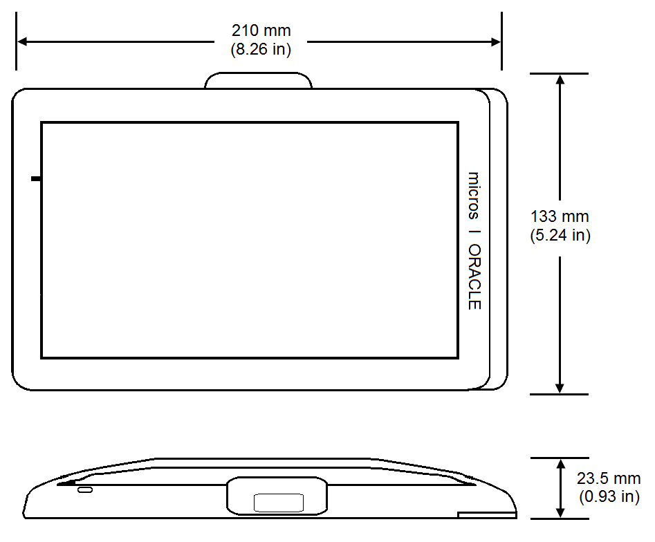 This figures shows the dimensions of the Oracle MICROS Tablet 720.