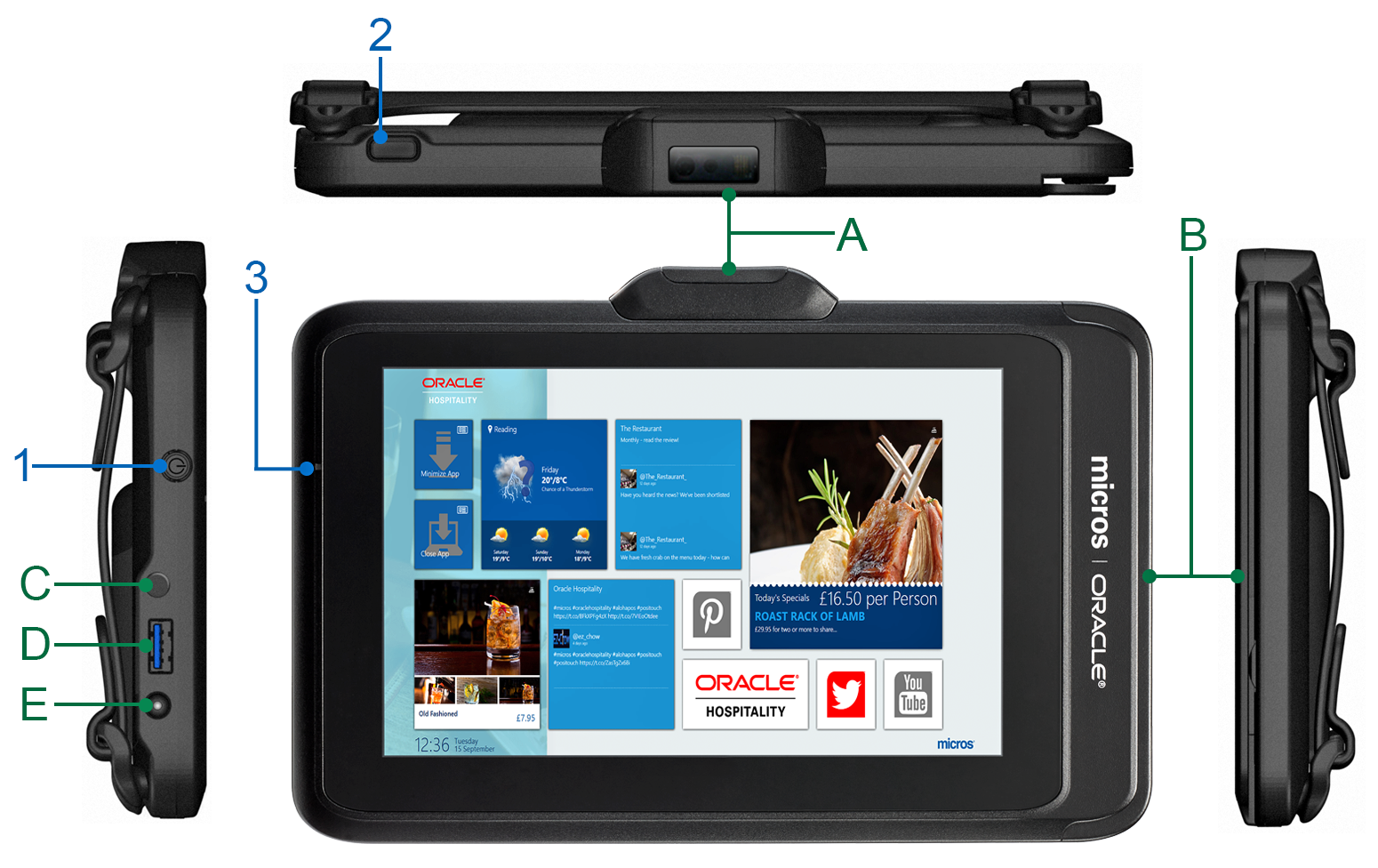 This figure shows the features of the Oracle MICROS Tablet 721 using the front and side views of the tablet.