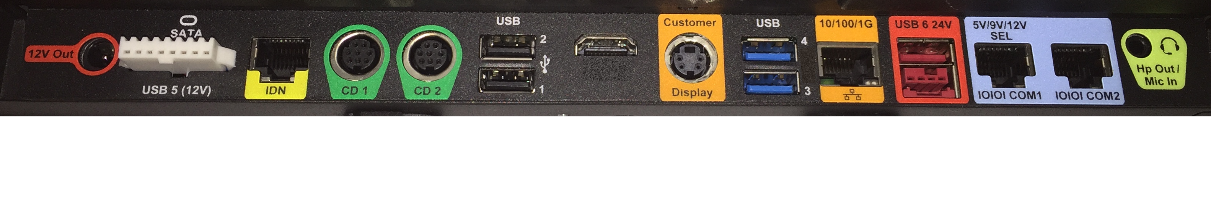 This figure shows the Primary I/O Panel of the MICROS Workstation 620 and 650.