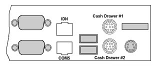 This figure shows the Station Modular COM ports and 8-Pin Mini-DIN Cash Drawer connectors.