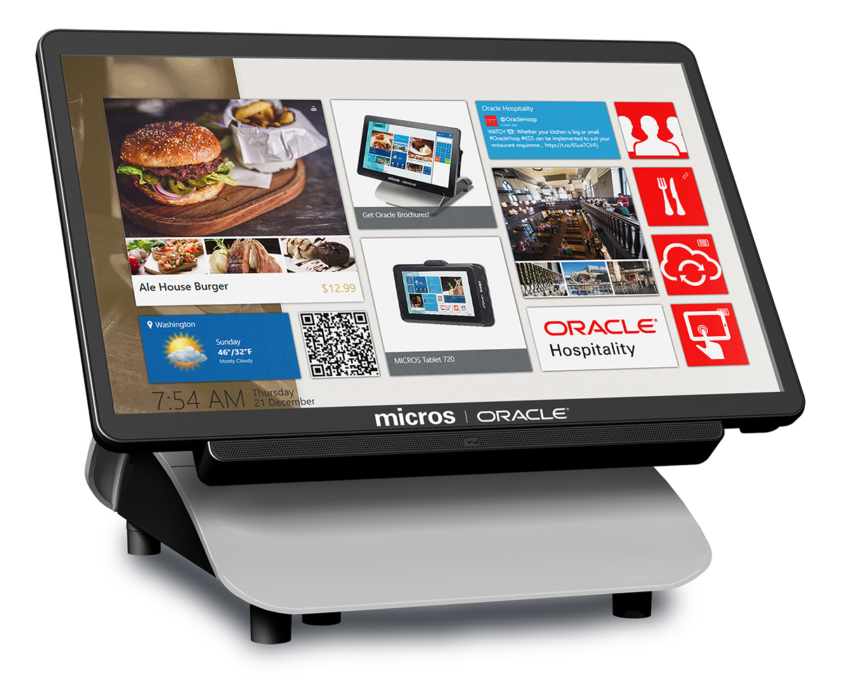 This figure shows the Oracle MICROS Workstation 655 with audio expansion bar (optional) and the Oracle MICROS Workstation 6 Series Adjustable Stand.