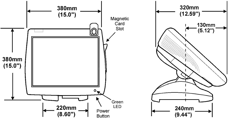 This figure shows the MICROS PC Workstation 2015 Adjustable Stand equipment dimensions.
