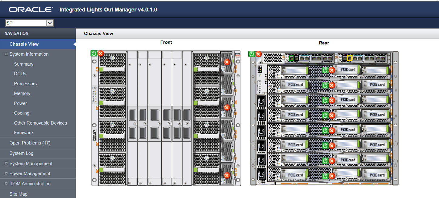 image:This figure shows the Oracle ILOM Chassis View page for M8 and M7 systems                      with firmware version 4.0.1.x and later.