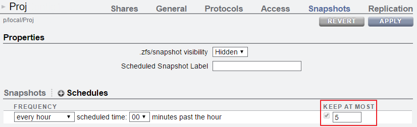 image:スナップショットスケジュールの自動スナップショット保持設定を示すスクリーンショット。