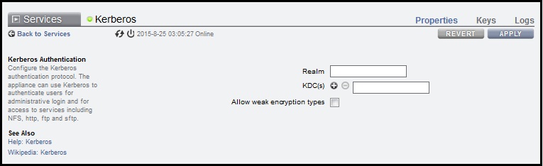 image:Kerberos 등록 정보가 표시된 BUI 화면 이미지