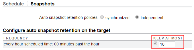 image:Capture d'écran des paramètres de conservation des instantanés automatiques sur la cible pour un calendrier d'instantanés.