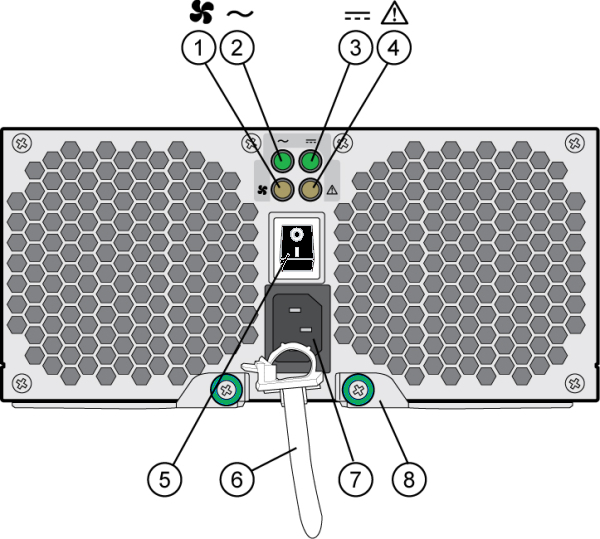 image:Illustration présentant les indicateurs d'alimentation et du module de ventilateur à l'arrière de l'étagère de disques