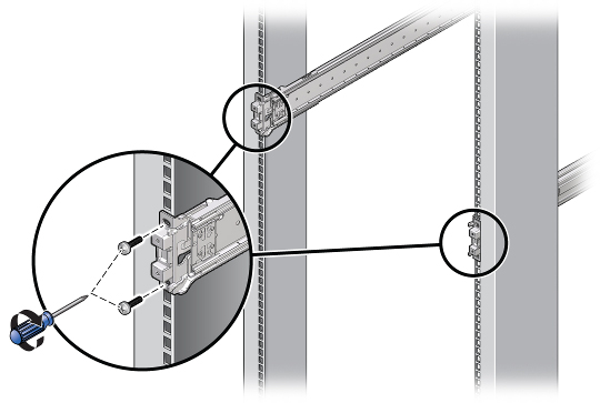 image:Gráfico en el que se muestran los tornillos de montaje opcionales para ajustar el conjunto de la guía deslizante en el rack