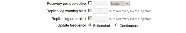 image:Captura de pantalla en la que se muestran las propiedades Objetivo de punto de recuperación, Alerta de advertencia de demora de réplica y Alerta de error de demora de réplica de la BUI.