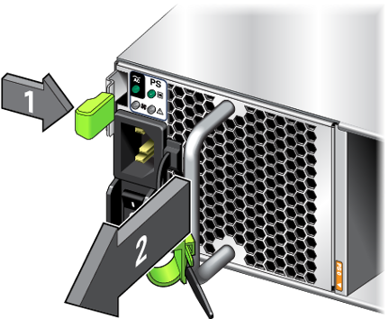 image:Gráfico en el que se muestra cómo extraer un módulo de fuente de alimentación de un estante de discos DE3