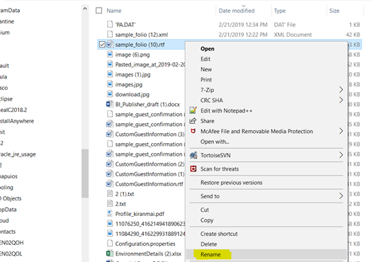 This figure shows the rename option for renaming the .rtf file.