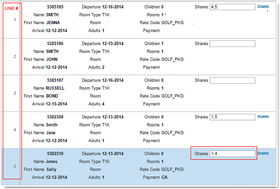 The figure shows five reservations in the rooming list. Reservations 1, 4, and 5 are sharing a room. The numbers 1 and 4 are in reservation 5's Shares field. The numbers 1 and 5 are in reservation 4's Shares field. The numbers 4 and 5 are in reservation 1's Shares field.