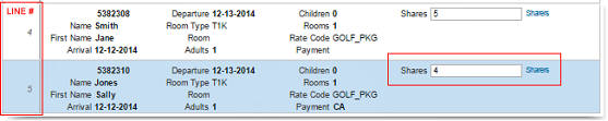 The figure shows two reservations in the rooming list. The first reservation's line number is in the second reservation's Shares field. The second reservation's line number is in the first reservation's Shares field. 