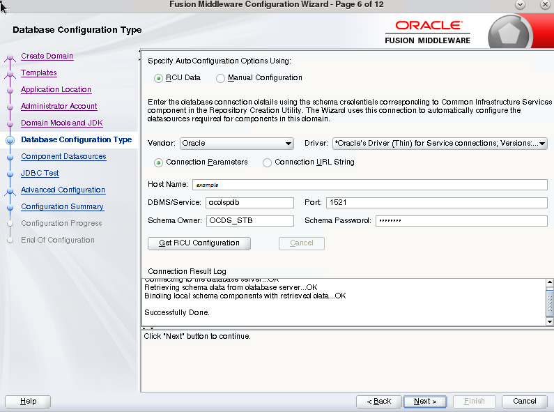 Database Configuration Type Screen - Displaying Result Log