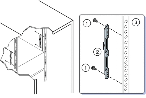 image:Graphic showing rear brackets being attached to a round-hole rack.