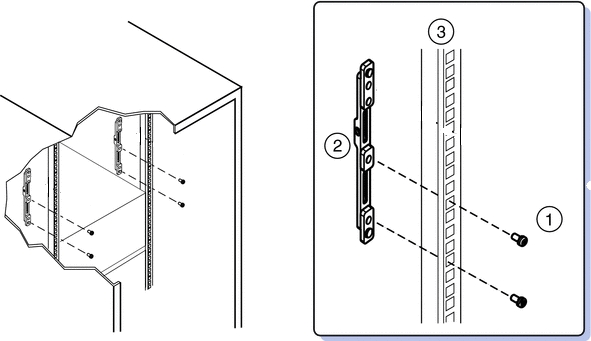 image:Graphic showing how to attach rear adapter brackets to a square-hole rack post.