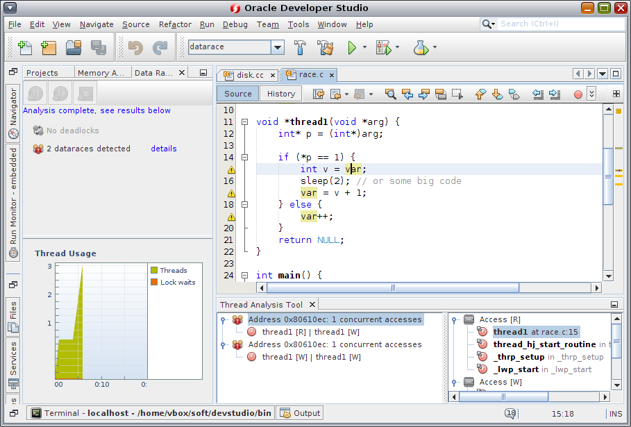 image:「データの競合とデッドロックの検出」が実行されている IDE のスクリーンショット